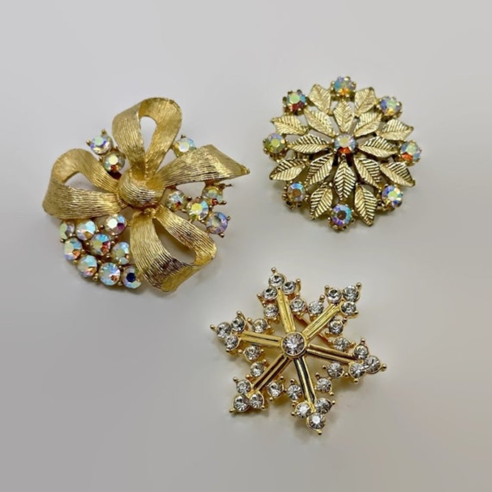 Rhinestone Pin Lot, Vintage Brooch, 3 Pieces, AB Rhinestones, Snowflake, Gold